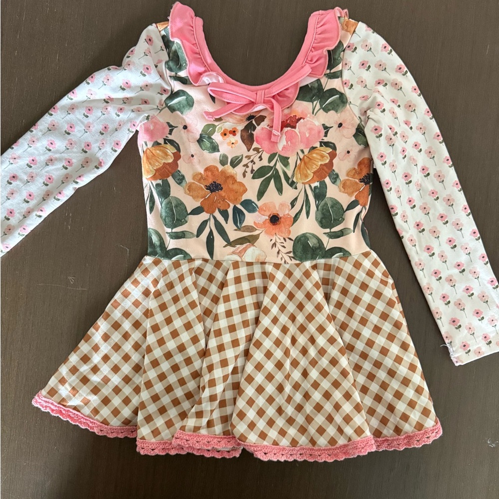 cheeky plum Pink Floral & Tan Gingham Long Sleeve Dress with Green Leaves